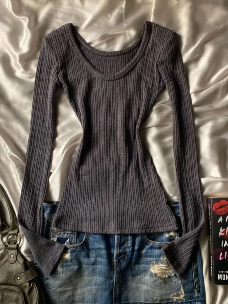 Outono novo fino manga longa com decote em v camisola feminina moda vintage estética magro malhas quente retro quente menina quente pulôver elástico