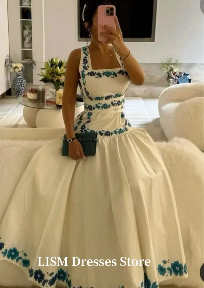 LISM Simple Saudi Arabia A-Line Prom Dresses Square Collar Embroidery Flowers Floor Length Evening Gowns Corsets Customized