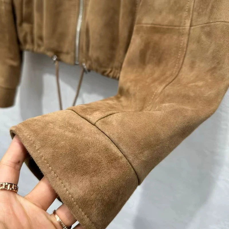 女性のスエードジャケット春秋スタイリッシュなラペル巾着カーキキッドスエードルーズカジュアルショート天然皮革コートアウターウェア