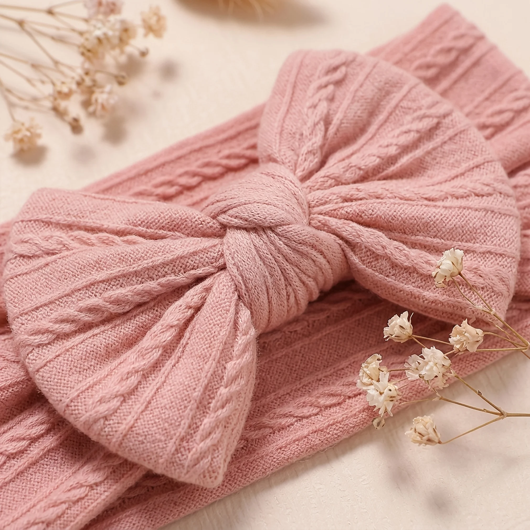 2Pcs Baby Girl Cable Knit Bow Headbands Soft Stretchy Nylon Newborn Infant Toddlers Hair Accessories Photo Props Pink Rose