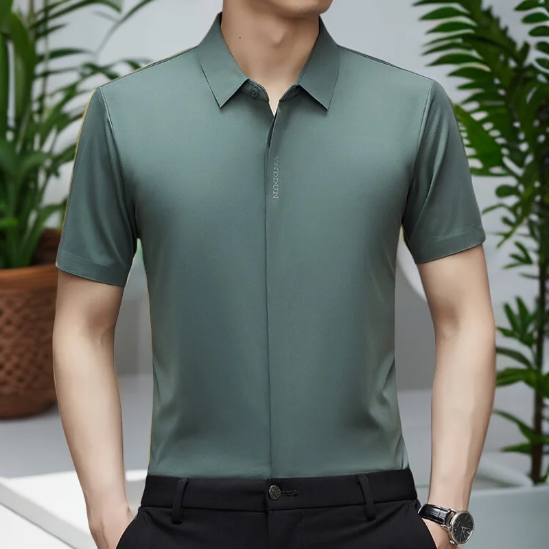 

Cooling Ice Silk Men's Casual Shirt Thin Short Sleeve Business Casual Pure Color Summer Fashion Urban Style Dad Clothes