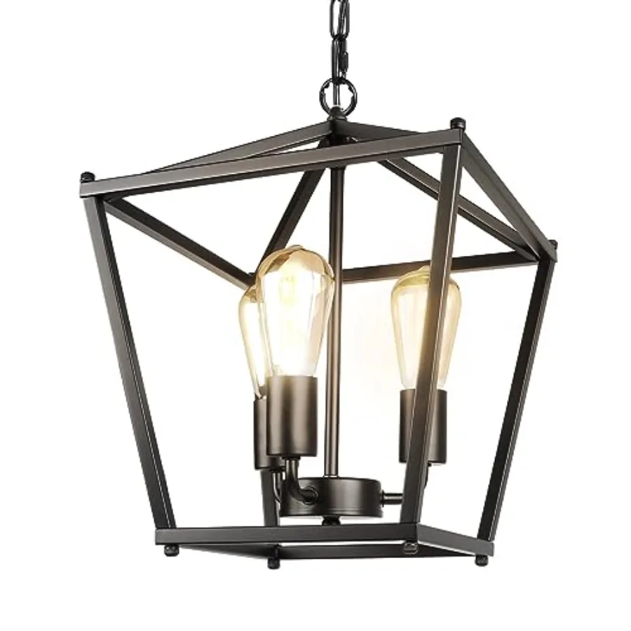 

Black Lantern Pendant Light 3 Lights Farmhouse Chandelier Fixture with Metal Cage Adjustable Height Industrial Hanging Lights E