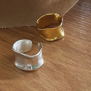 خواتم ذهبية واسعة من الفضة الإسترليني عيار 925 للنساء على الموضة الهندسية البسيطة المفتوحة المصنوعة يدويًا هدية مجوهرات للحفلات والحساسية