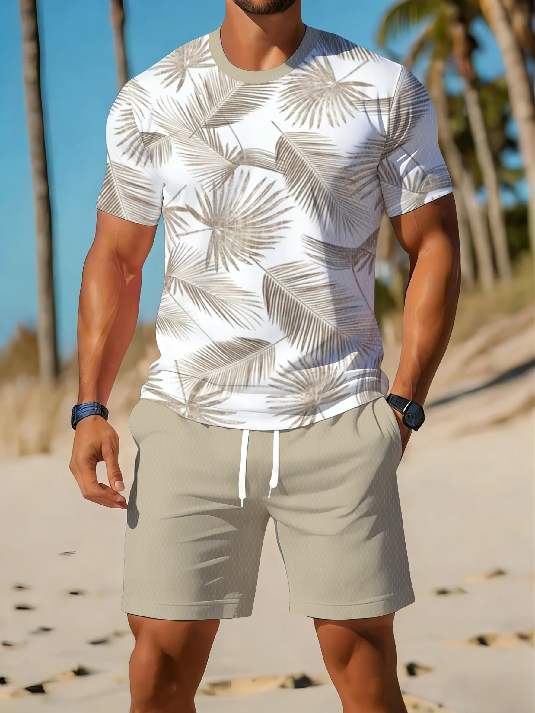 Men's Tropical Leaf Print Round-Neck Short-Sleeve T-Shirt and Shorts Set Hawaiian Street Style Casual Fashion T-Shirt Set