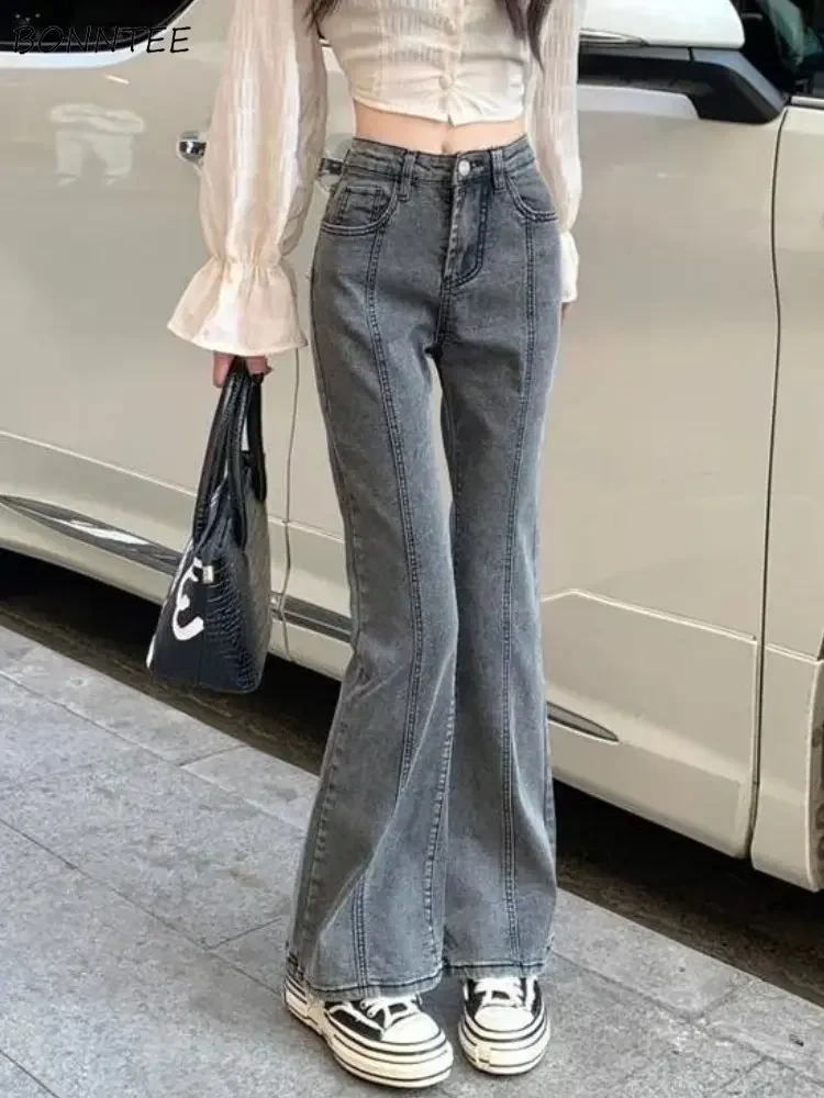 

Jeans Women Bleached Flare Vintage Chic High Street Pure Casual Korean Style All-match Denim Sexy Spring Simple Trousers Fashion