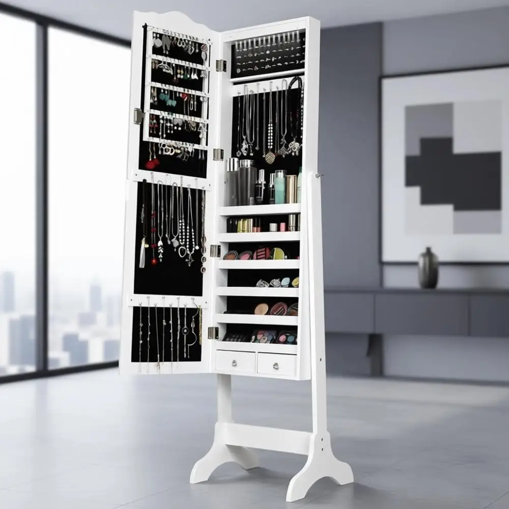 

Белый запираемый шкаф-гардероб с зеркалом в полный рост и регулируемыми полками для спальни или гостиной