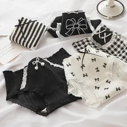 Cotton Panties Women Underwear Mid Waist Briefs Female Underpants Lingerie Black Bowknot Design Ladies Pantys M-XL