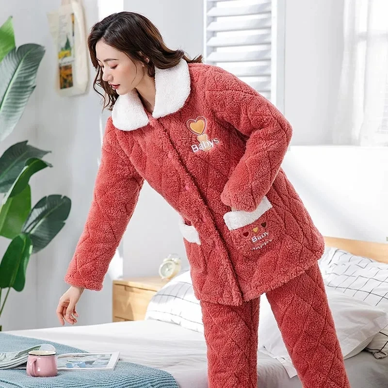 Pajamas Women\'s Winter Three-Layer Quilted Thickened Pajamas Long Plush Medium Long Hooded Plush Warm Home Clothes Suit Female