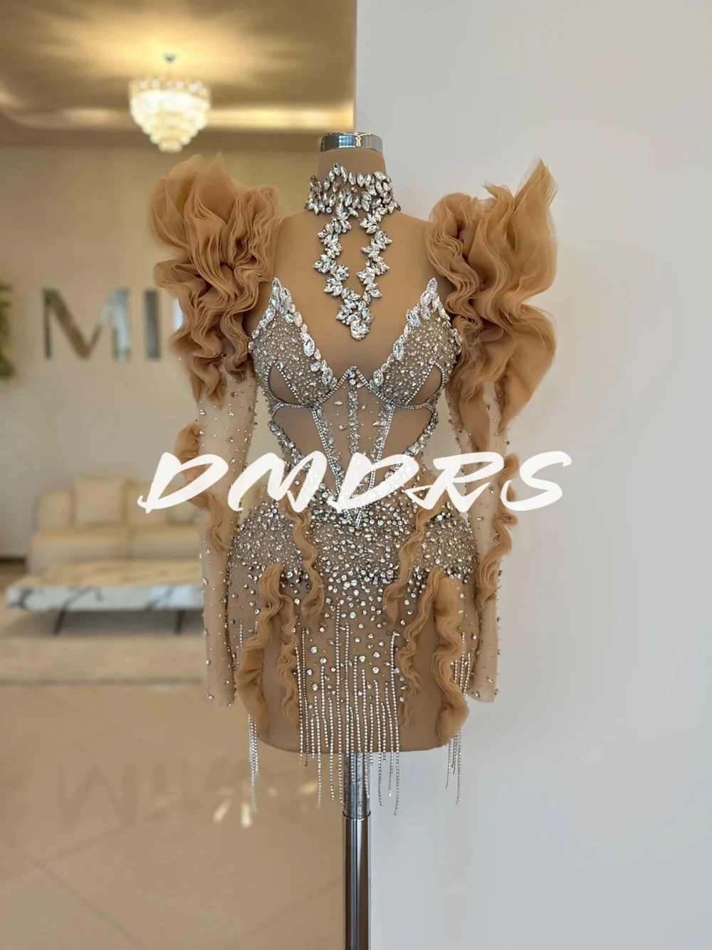 

Stylish Ruffled Rhinestones Cocktail Dress Short Sexy Tassel Long Sleeves Evening Gown Customized Unique Cut Out Prom Wear