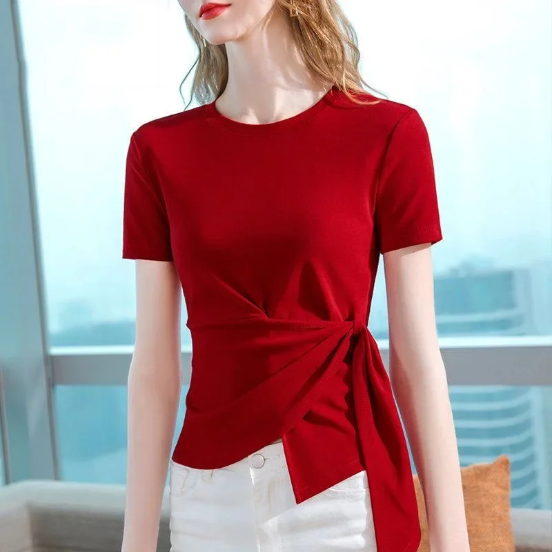 Nice Women Knitted Shirts Tops Lady Casual O-Neck Short Sleeve Tie Decor Slim Red Color Blusas Tops QT049