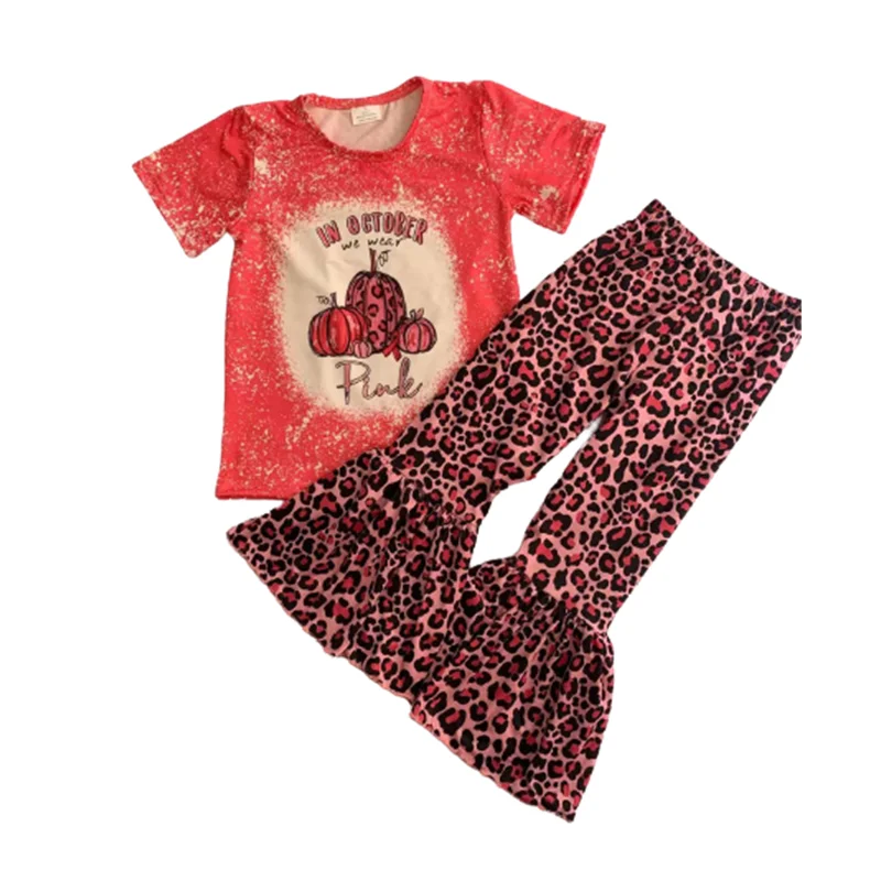 

sweet girl short sleeve outfit Halloween kids 2pieces set girl pumpkin shirt and leopard pants outfit