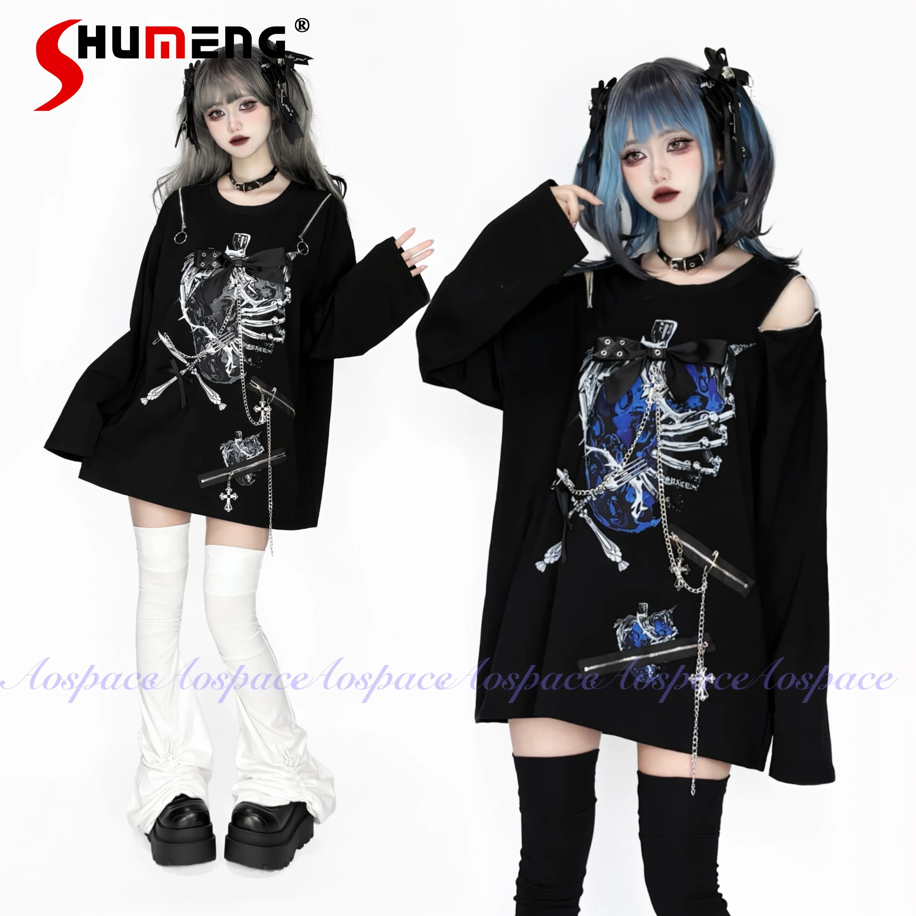 

Оригинальный субкультурный панк-солодкий крутой свободный топ с открытыми плечами и длинными рукавами, весна-осень 202, новый милый топ с бантом и цепочкой для девочек