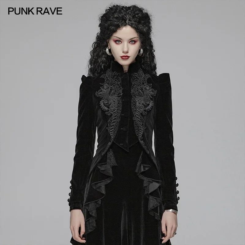 PUNK RAVE Women's Gothic Weft Velvet Black Short Coat Lolita Lace Decoration Long Puff Sleeves Party Club Jacket  Autumn Winter