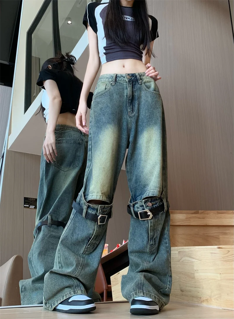 

American Distressed High Waisted Hollowed Out Patchwork Belt Jeans For Women's Autumn New High Street Denim Trousers