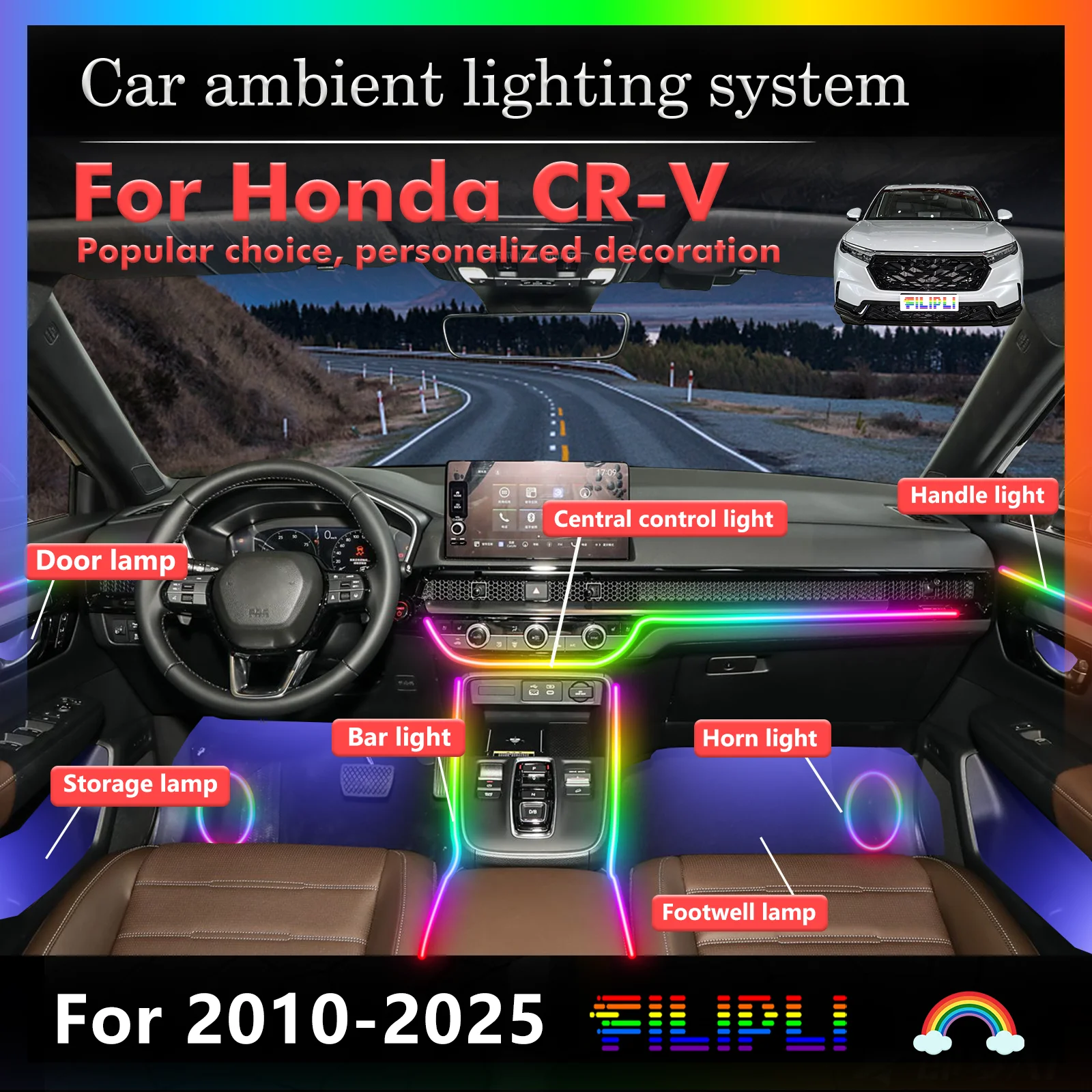 

For Honda CR-V Rainbow Acrylic Strip Car Interior Mood Lighting 64 Colors LED Smart Remote Control Kit