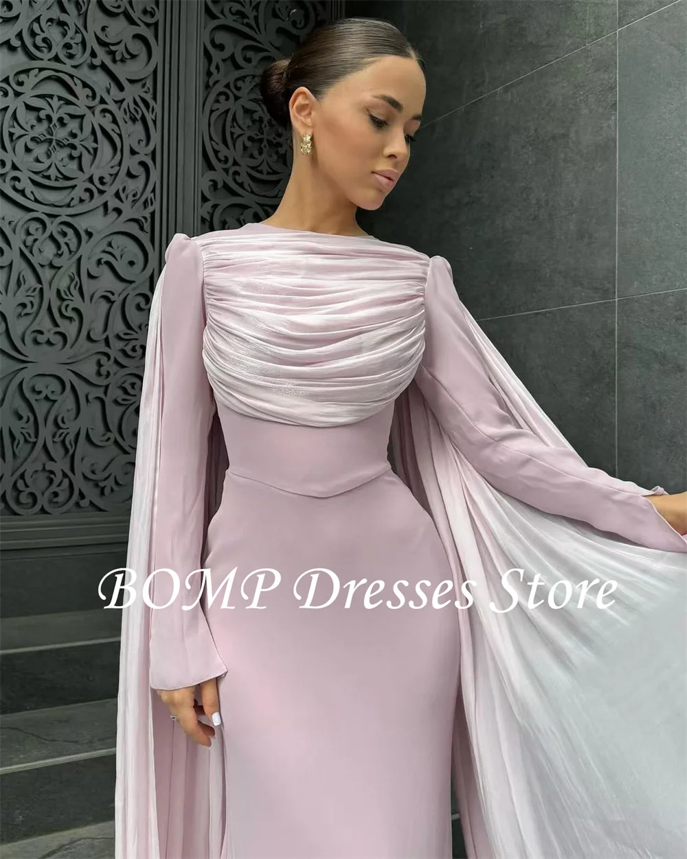 女性のためのボムフォーマルイブニングドレス,控えめなアラビア風,チークピンクのシルク,シフォンの床の長さ,カスタムのウエディングドレス