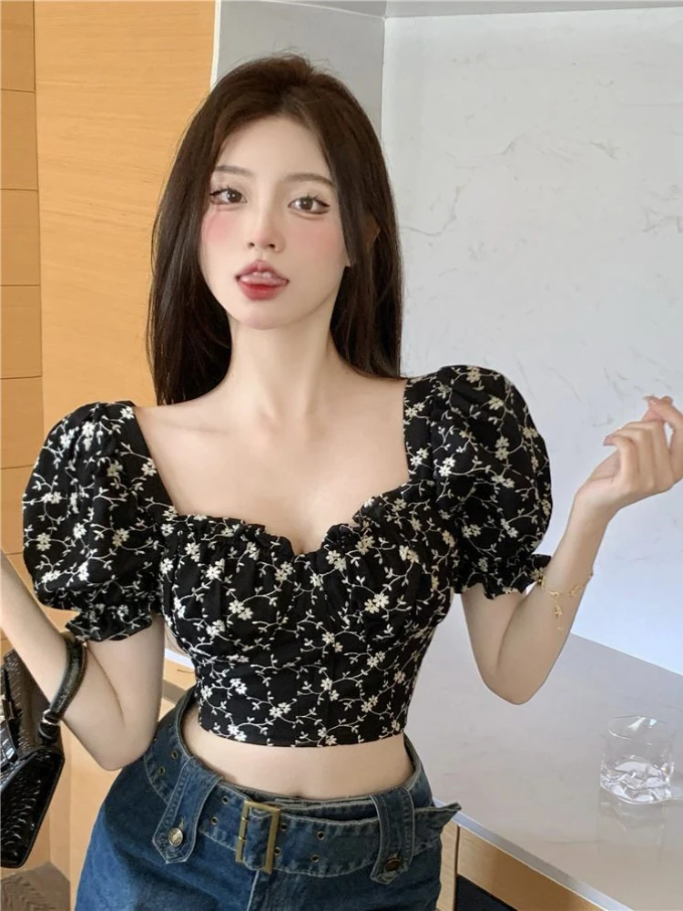 Floral Puff Short Sleeve Blouses Women Summer Thin Crop Tops Sexy Slim Elegant for Ladies Aesthetic Retro Casual Clothing Chic