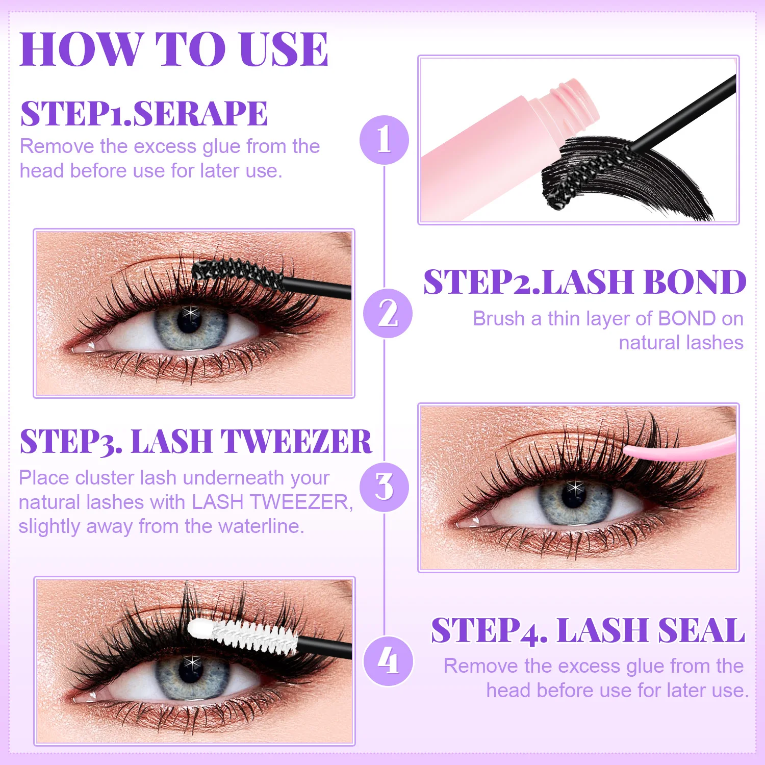 DIY Cluster-Wimpernverlängerungs-Set 30D 40D 50D Gemischte Längen 8-16mm Einzelwimpern mit Kleber, Versiegelung, Pinzette und Bürste – Detail 8