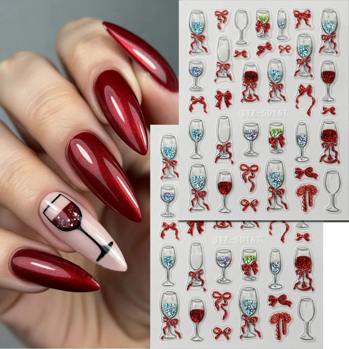 1 Blatt 3D Valentinstag Nagelaufkleber Glänzende Persönlichkeit Bogen Weinglas Nail Art Aufkleber Rote Schleife Maniküre Dekorationen Abziehbilder