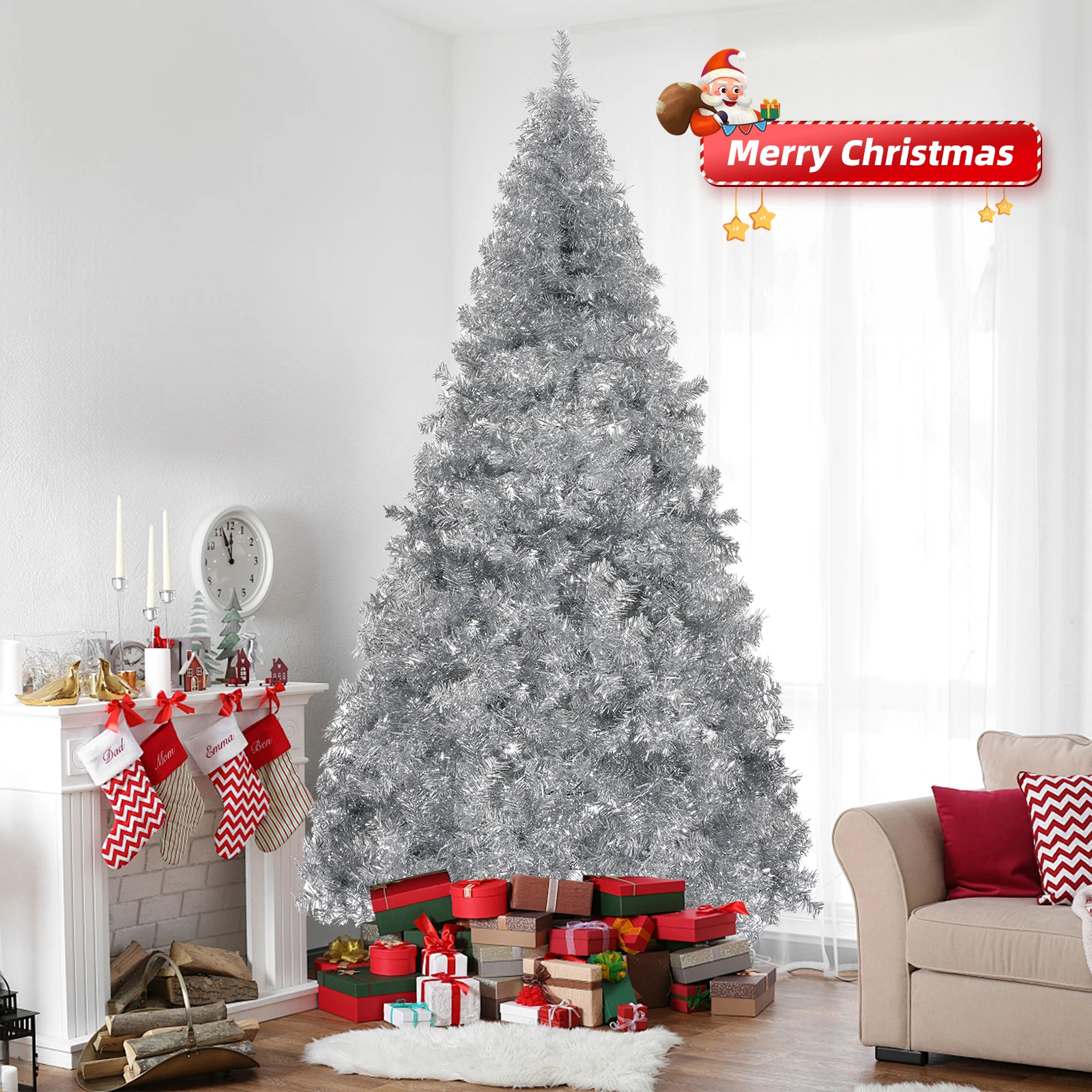 6 FT Artificial Christmas Tree, Unlit Hinged Christmas Pine Tree with 900 Branch Tips and Sturdy Metal Stand, Silver