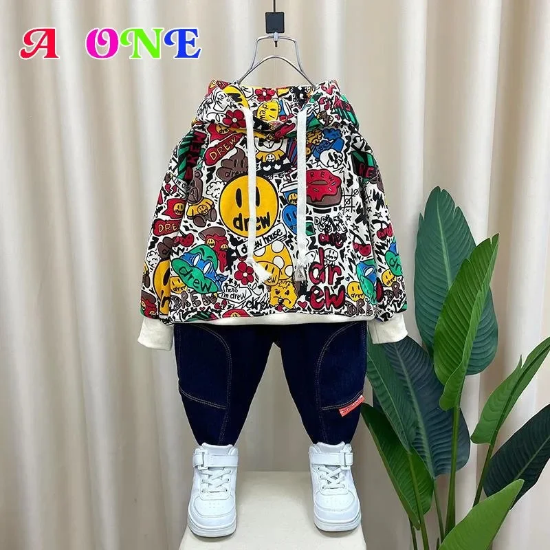 spring autumn boy sweatshirt set clothes toddler kids suit clothing hoddies + jeans pants 2 pcs fashion cotter 2-12y