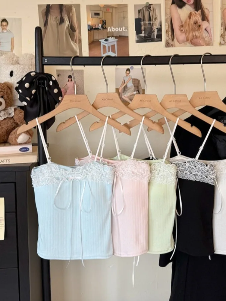 

Pure Desire Lace Trim Csole Tank Top Women's Slim Fit Summer New Sle with Chest Pad Base irt ort Length Svel