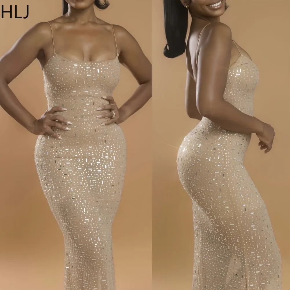 

HLJ Sexy Rhinestone Patchwork Bodycon Dresses Women Spaghetti Strap Sleeveless Backless Dress Female Party Clubwear Vestidos