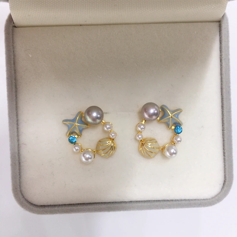 ZHBORUINI Natural Freshwater Pearl Earrings Cute Starfish Shell 14K Gold-Plated Pearl Female Jewelry S925 Silver Ear Needles