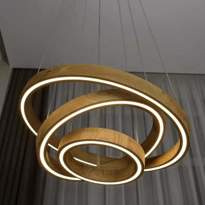 ！@3 Rings Solid Wood LED Engraved Pendant Light Minimalist Wooden Ring Chandelier for Modern Living Room Dining Room Home Decor