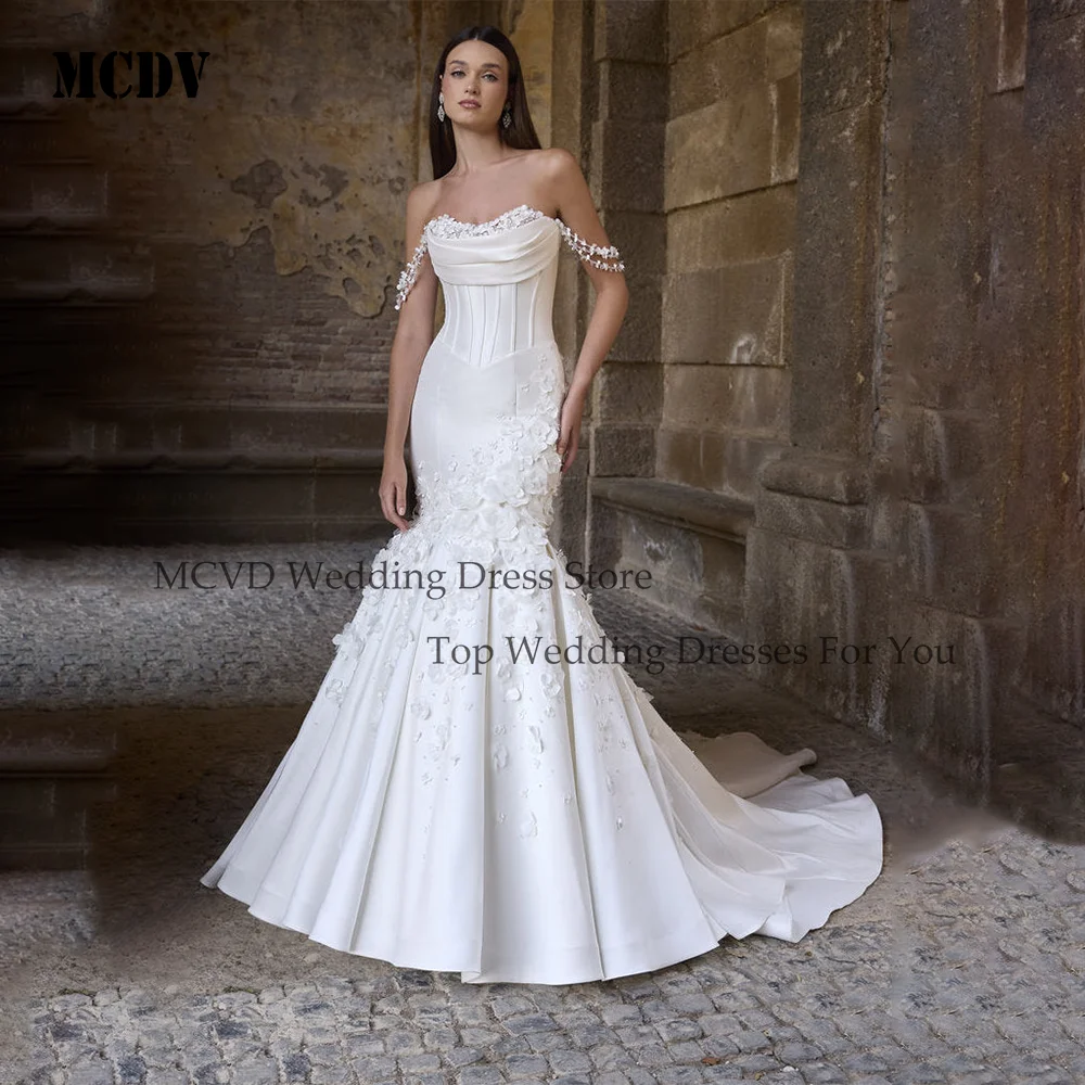 

MCDV Elegant Wedding Dresses For Bride Flower Sweetheart Mermaid Button Back Vestido De Novias Ivory Satin Party Gown Customized