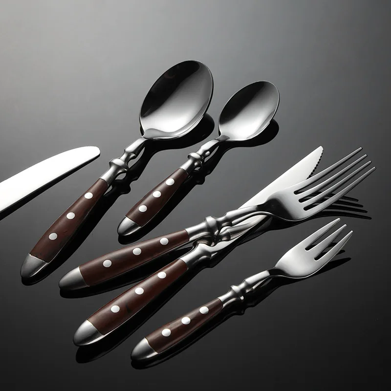 Western Brown 430 Stainless Steel Cutlery Set Rivet Wooden Handle Steak Knife Dining Fork Spoon Dinnerware Set Kitchen Utensils