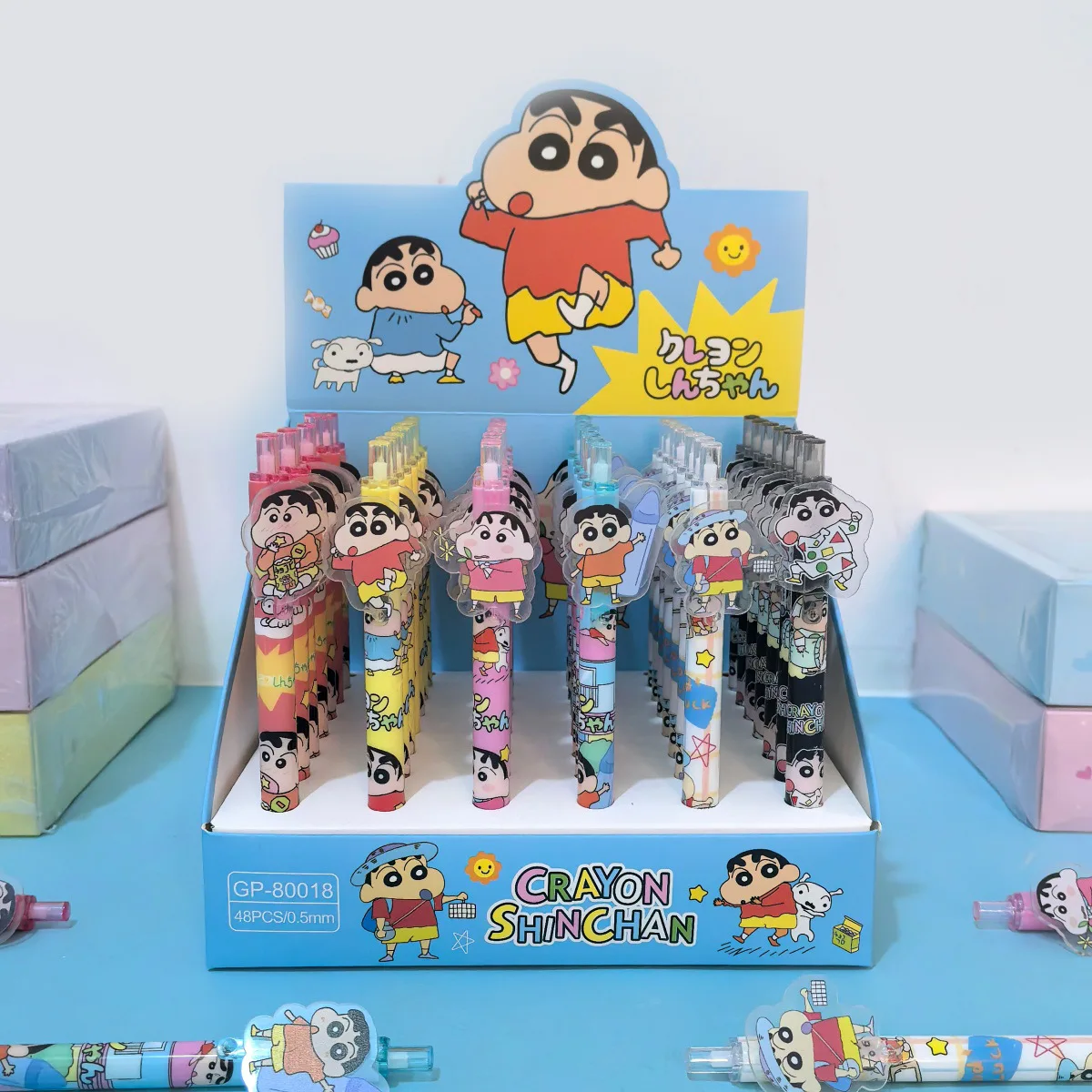 48PCS Crayon Shin chan Cartoon Movie Merchandise Cultural Creativity Decal Pen High-Quality Ins Student Click-Up Ballpoint Pen