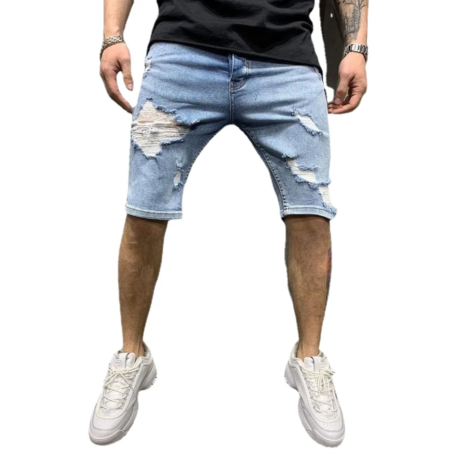 Perforated Mens Denim Shorts Ripped Jeans European and American Large Size White Tight Trendy Streetwear Men\'s Short Pants