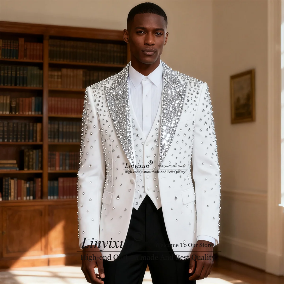 

Handsome 3 Pieces Sets Men Suits High End Rhinestones Beaded Groom Tuxedos Customized Slim Male Party Prom Blazer Ropa Hombre