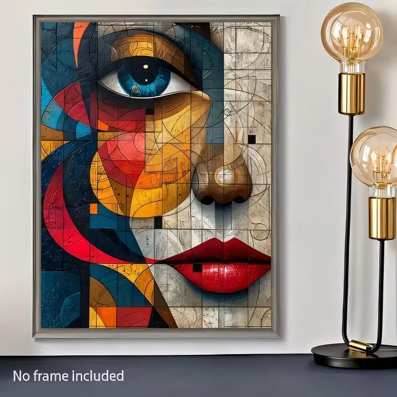 Vibrant Cubist Abstract Face Canvas Art - Mosaic-Style Modern Wall Decor with Blue Eye, Red Lips, Perfect for Home/Office/Living