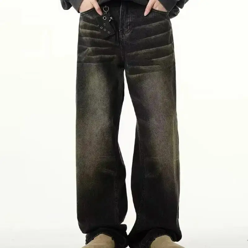 Pantalones vaqueros de ondulación lavados para hombre, diseño de moda masculina, sensación de reconocimiento, Ruffian High Street, sentido de alto