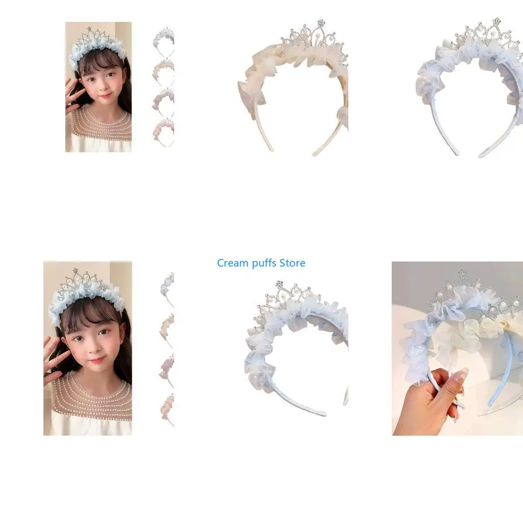 50LE Queen Crowns Hairband For Children Girl Soft Tulle Lace Crownpiece For Comfortable Birthday Celebration Photograhpy