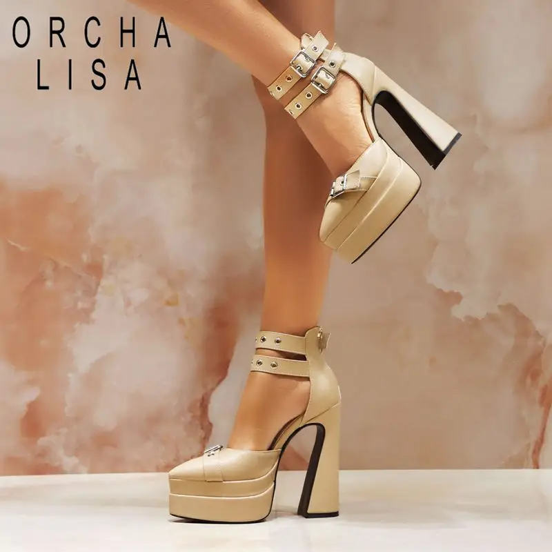 ORCHA LISA Punk Gothic Double Platform Women Shoes Pointed Toe Gladiator Sandals Plus Size 46 47 48 Metal Decoration