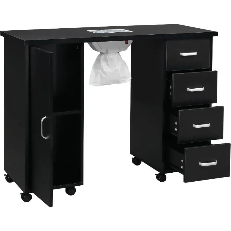 Manicure Nail Table Station, Salon Spa Nail Desk with Electric Downdraft Vent, Locking Castors, 2 Layers Storage Cabinet