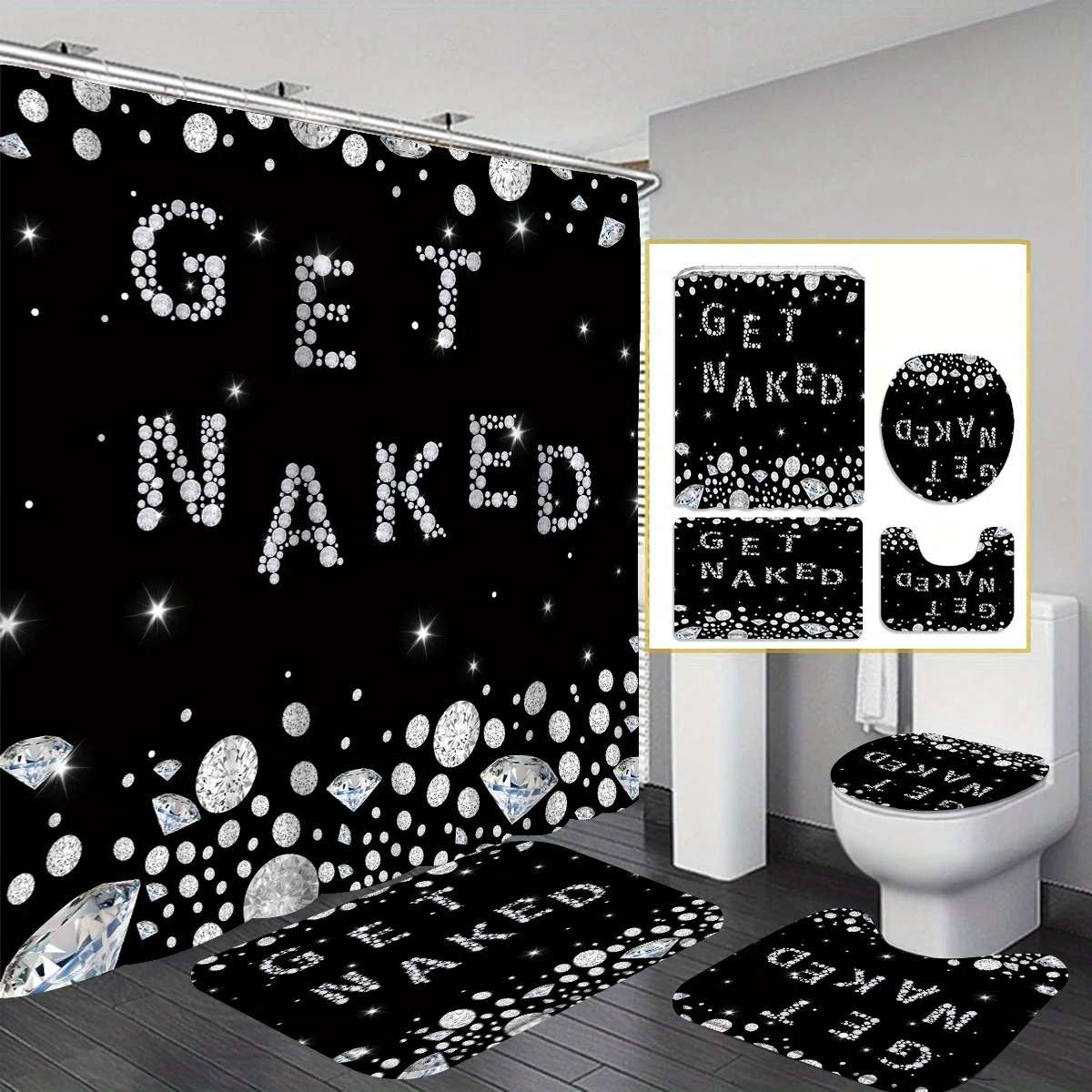 

4pcs Diamond Words Shower Curtain Set with Toilet Floor Mat, Modern Home Decor for Housewarming Gift Includes 12 Hooks
