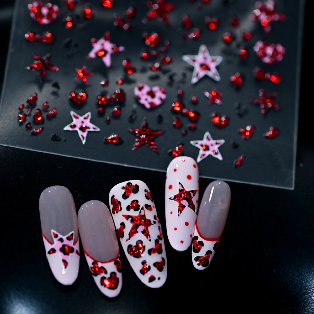 1Pcs 5D Rose Red Leopard Print Star Bow Nail Stickers Y2K Leopard Love Self-Adhesive Nail Decals Sweet Cool Nail Art Decorations