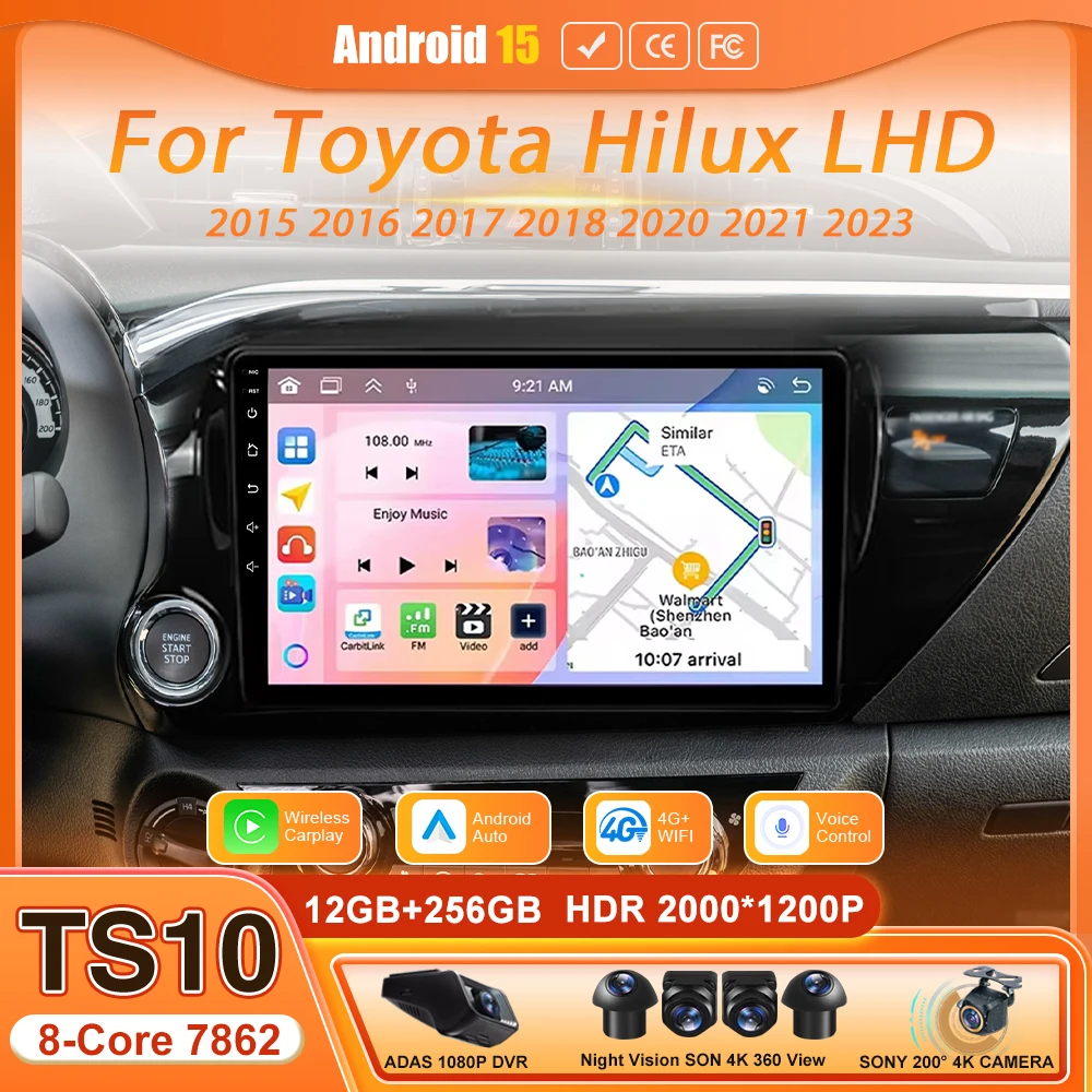 Android 15 Wireless Carplay Radio Auto Car Multimedia Video Stereo Head Unit GPS Navigation For Toyota Hilux LHD 2015 - 2023 DSP