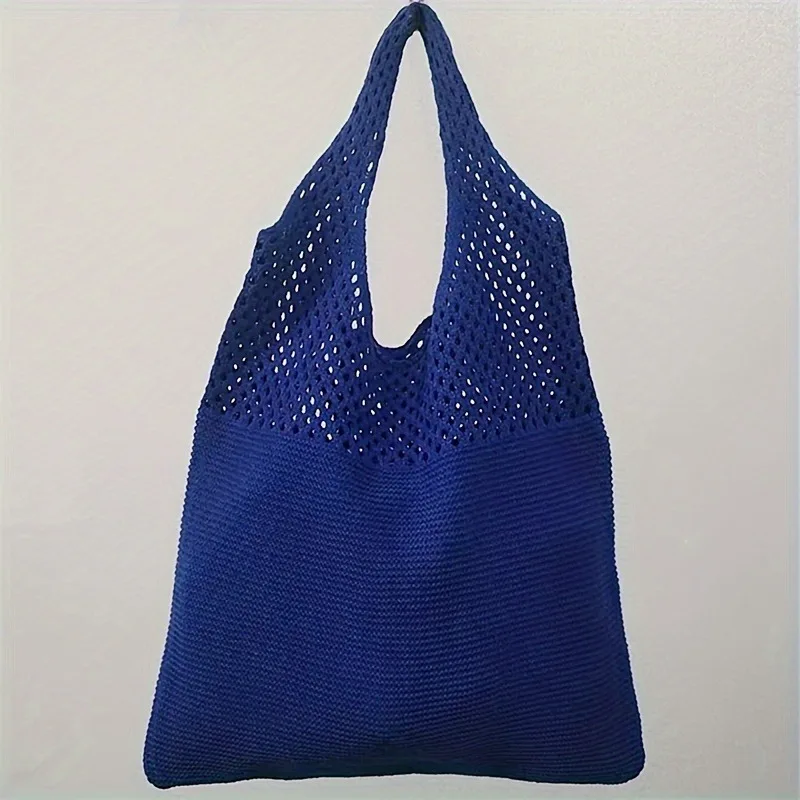 Ästhetische, ausgehöhlte Häkel tasche, Umhängetasche mit großer Kapazität, einfache gestrickte Einkaufstasche für Frauen – Detail 12
