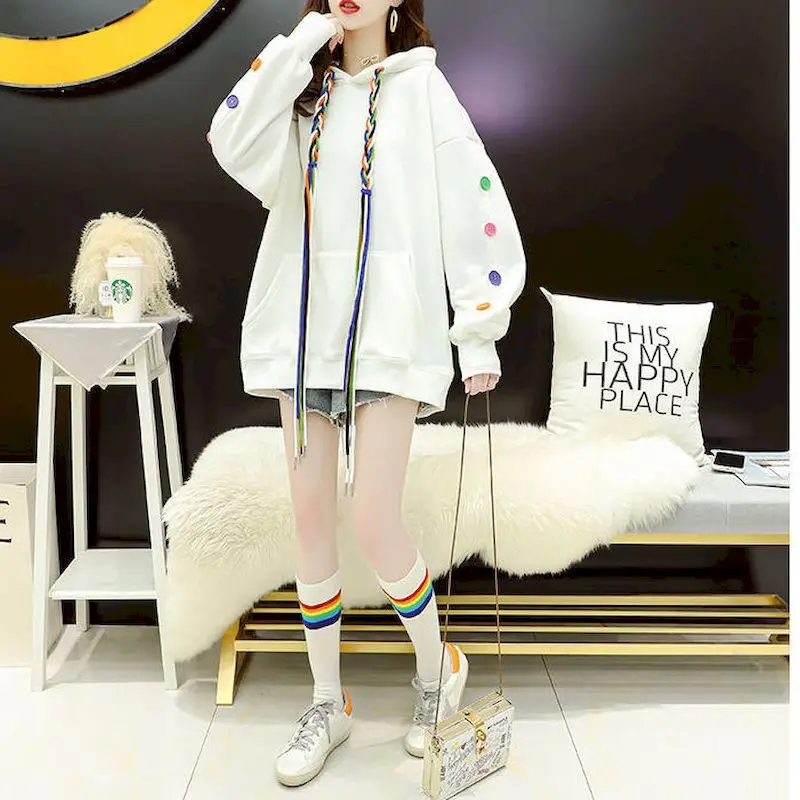 2023 Female New Hoodies Autumn Winter Casual Sweatshirt Women Plus Velvet Thickening Fashion All-match Loose Hooded Pullover Ins