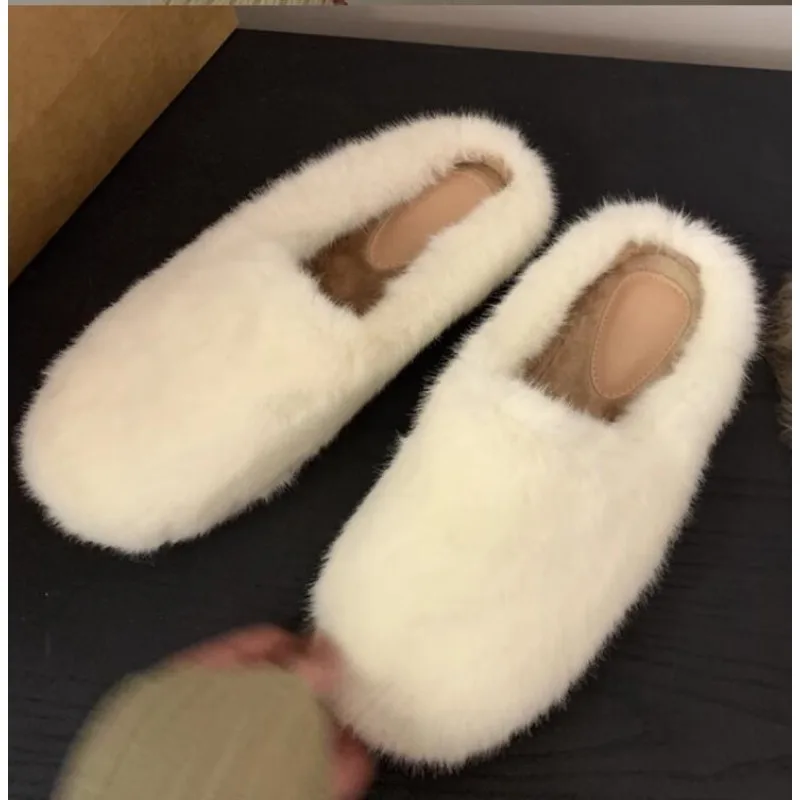 

Fur Mule Slippers Women Winter Home Shoes Slip on Furry Loafers with Butterfly Knot Fur Slides Female Lush Fluffy Moccasins