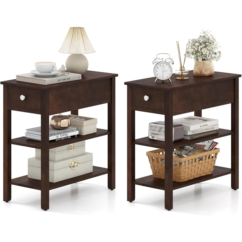 Pair of Rustic Wooden Side Tables with Drawer and Storage Shelves, 3-Tiered Nightstands for Small Spaces