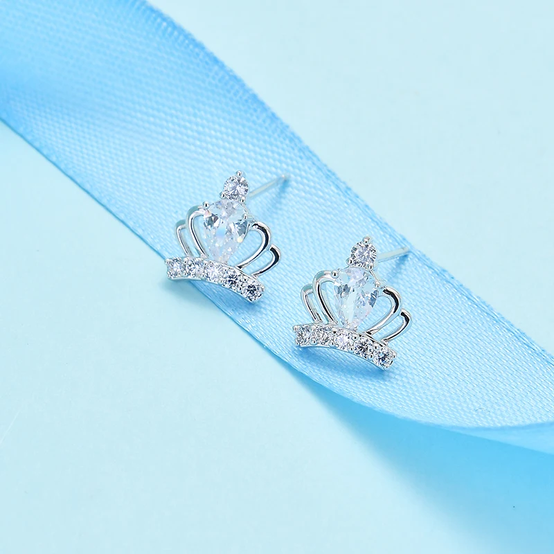 Pretty Mini Hollow Out Crown Zircon Copper Stud Earrings Silver Color High-End Party Jewelry For Women Girls Ladies