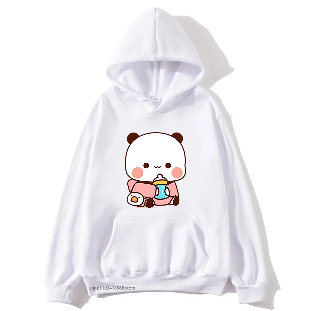 Cute Baby Bubu Is Drinking Milk Graphic Sweatshirt Men Women Couple Hoodie Cartoon Panda and Brownie Bear Top Y2k Clothes Unisex