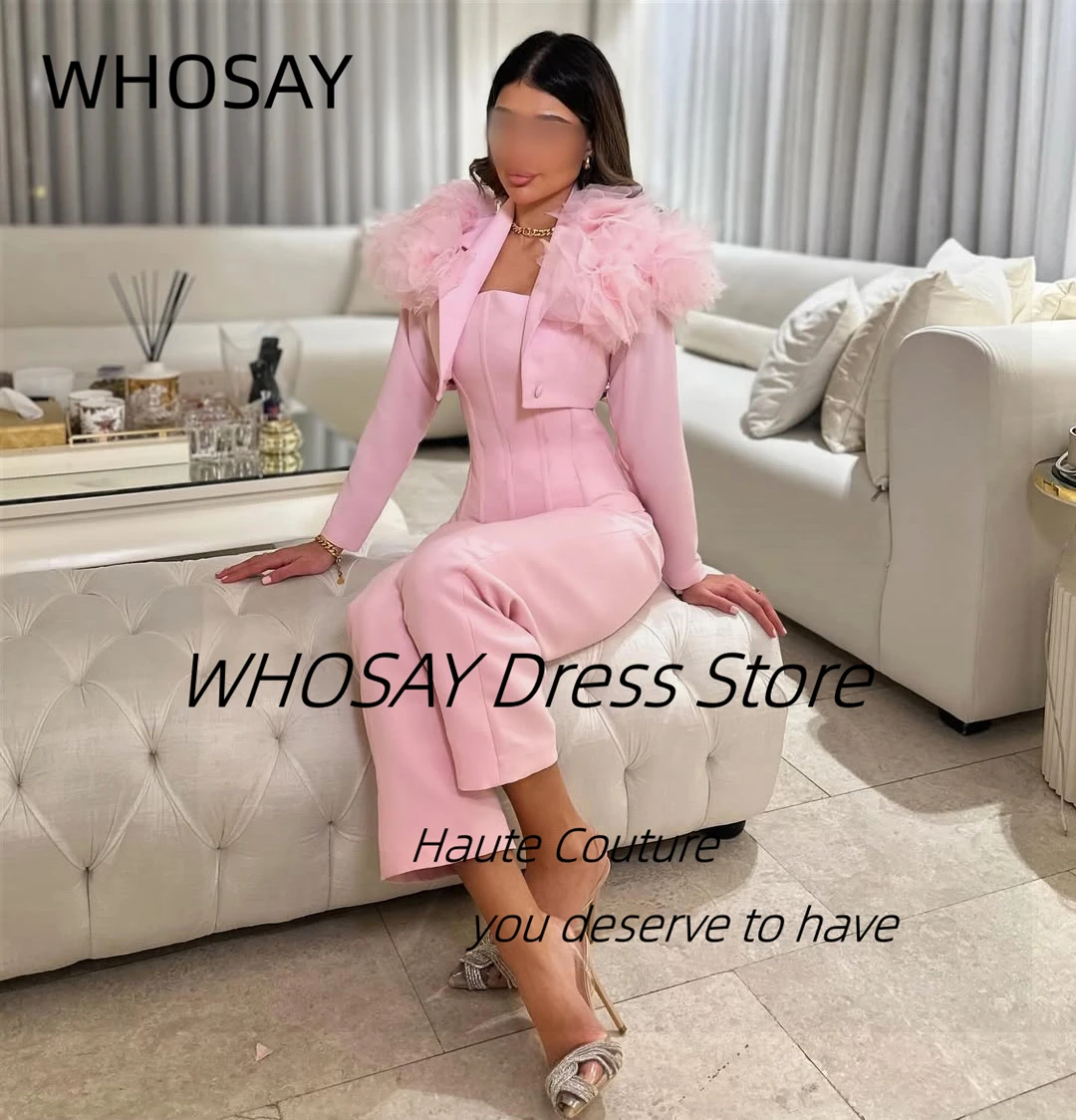 WHOSAY 3 pièces robes de bal sans bretelles fleurs manches longues vestes robe de soirée pantalon costumes fête de mariage tenue de femme personnalisé