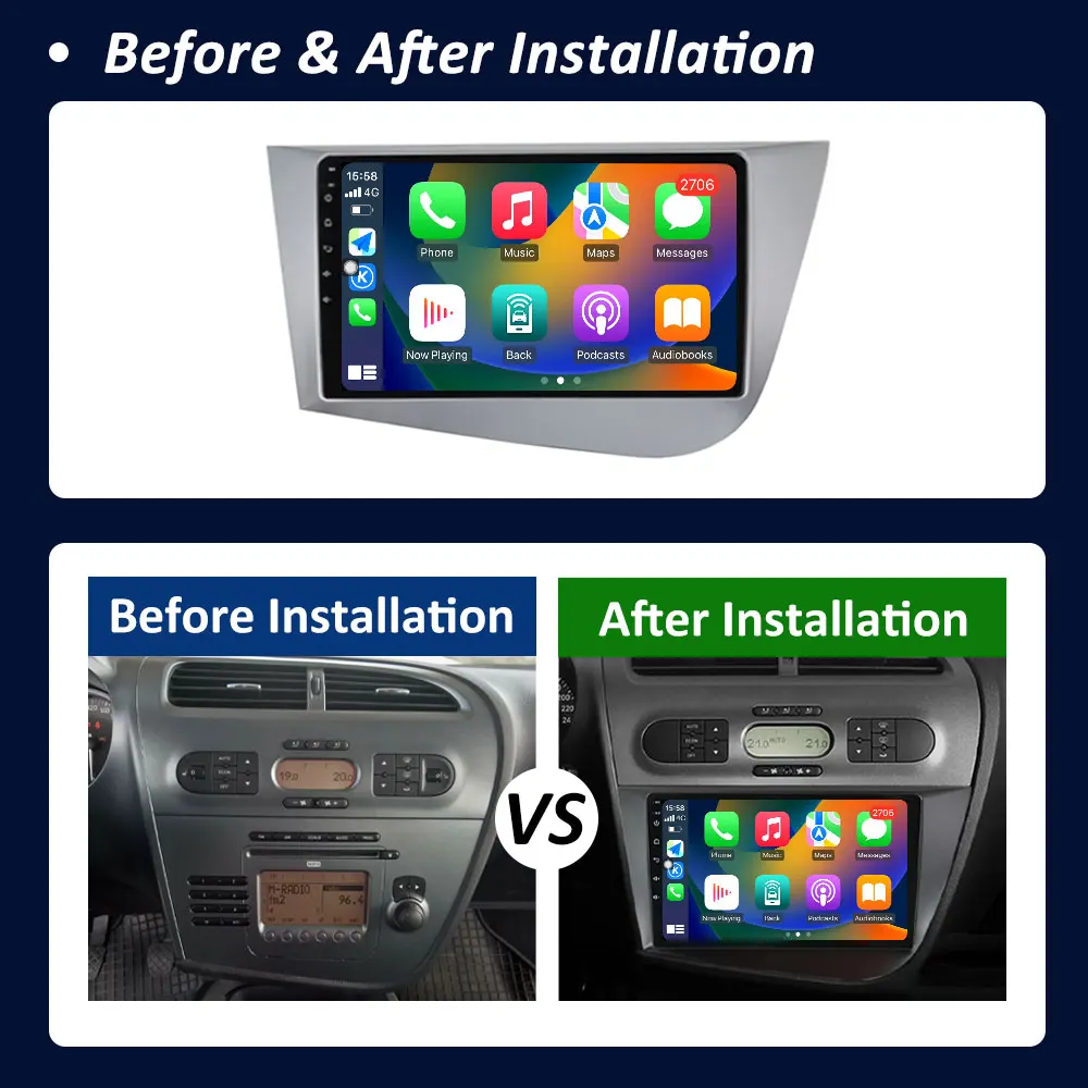 Accesorios de Pantalla Táctil Inalámbrica con Carplay y Android 16, Bluetooth, para Seat Leon 2 MK2 2005 2006 2007 2008 - 2012 6